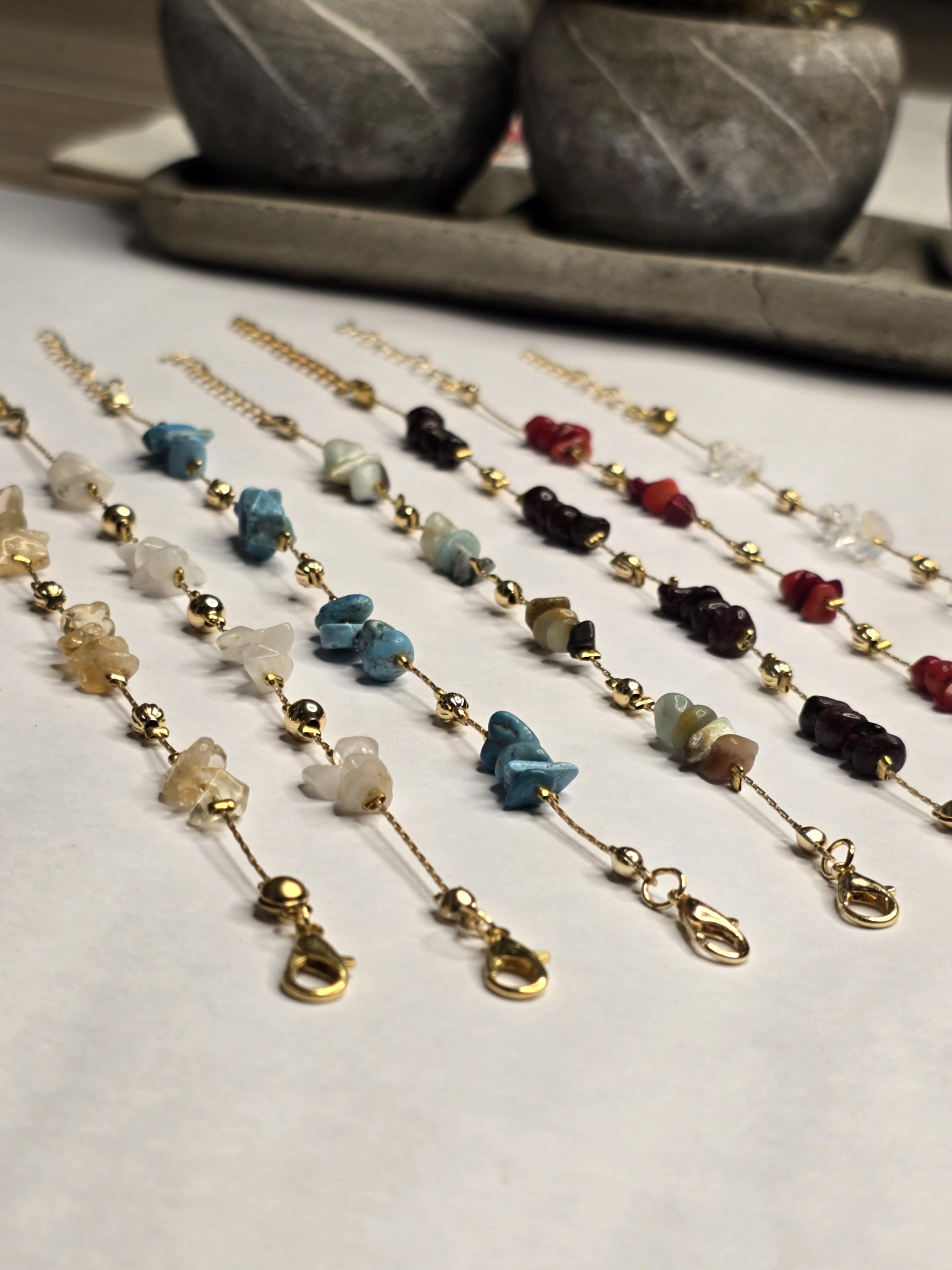 Doğal Taş Akik,Kehribar,Quarts Zincirli Bileklik 17-21 cm