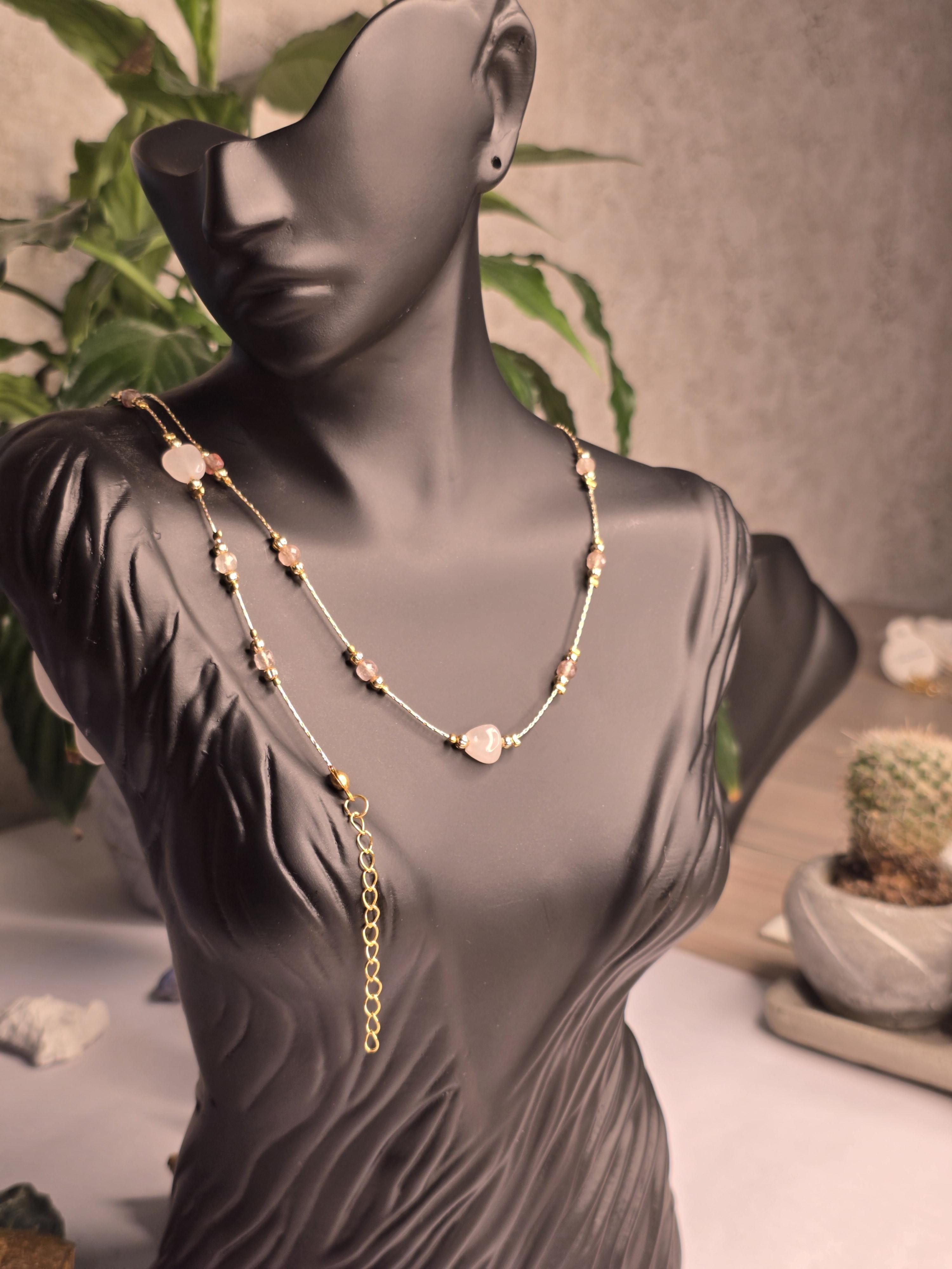 %100 Doğal Taş Pembe Quarts Zincirli Kolye ve Bileklik