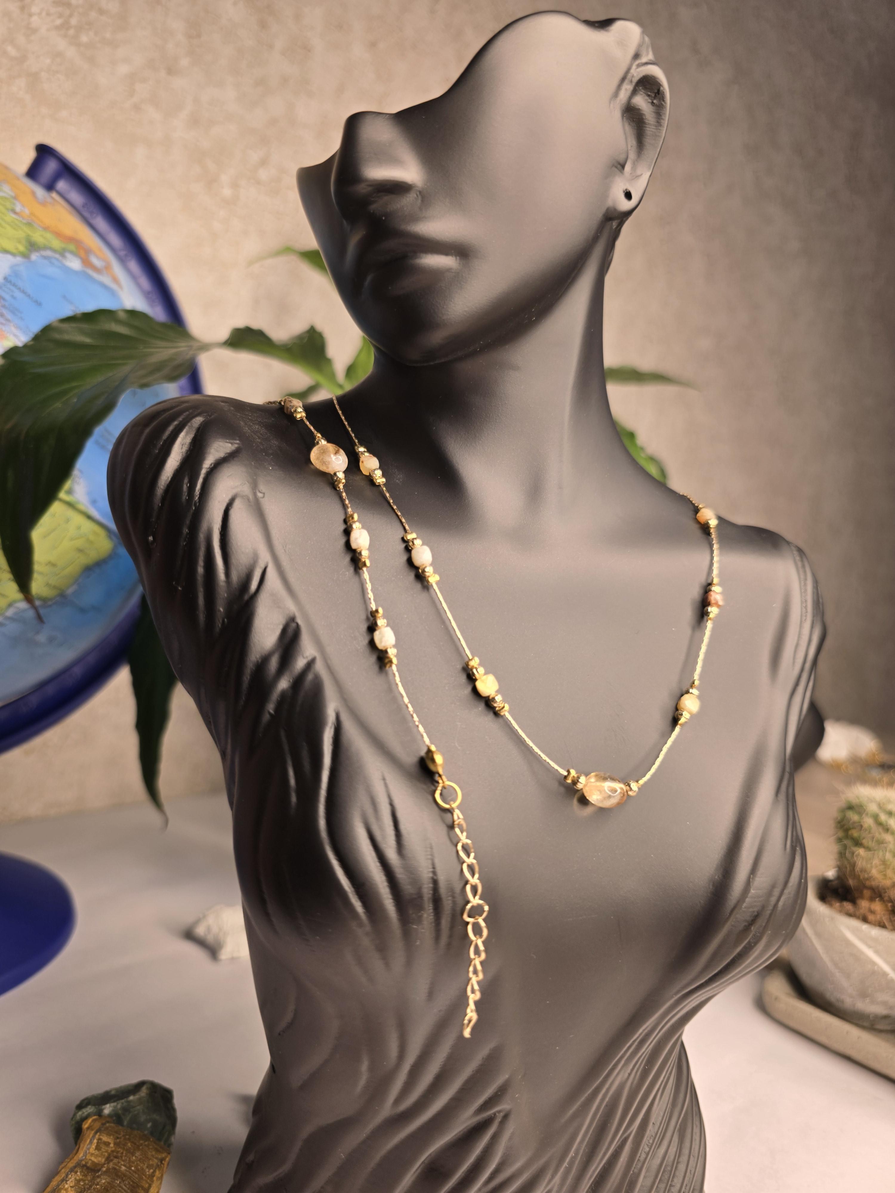 %100 Doğal Taş Sitrin-Opal Zincirli Kolye ve Bileklik