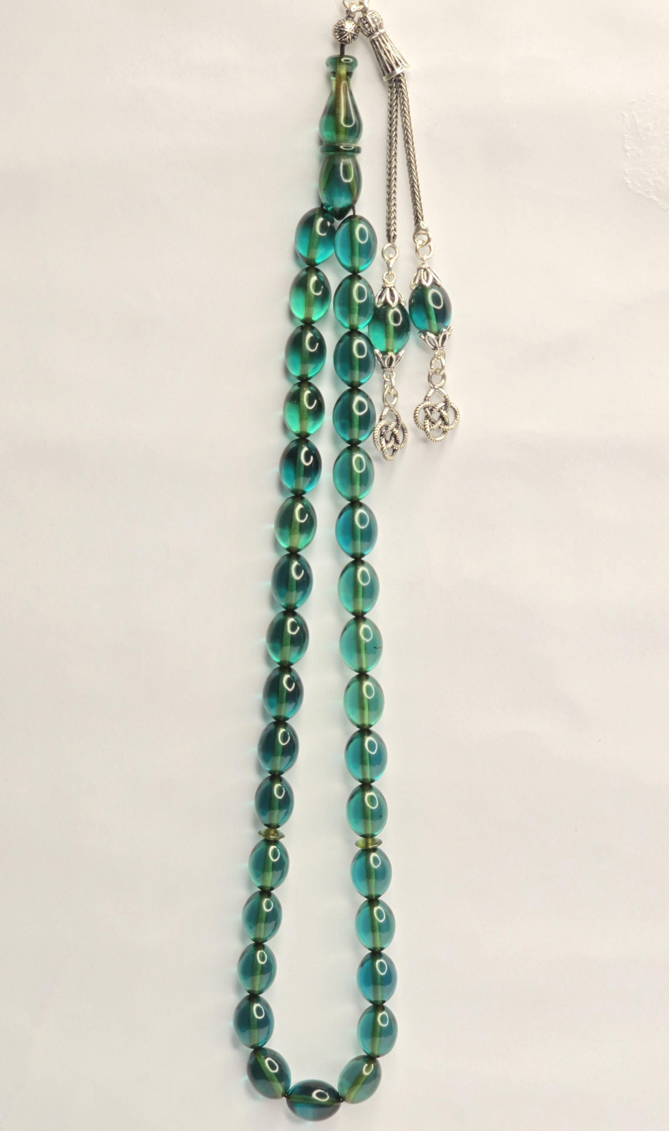 Damla Kehribar Tesbih Gümüş Püsküllü İmameli