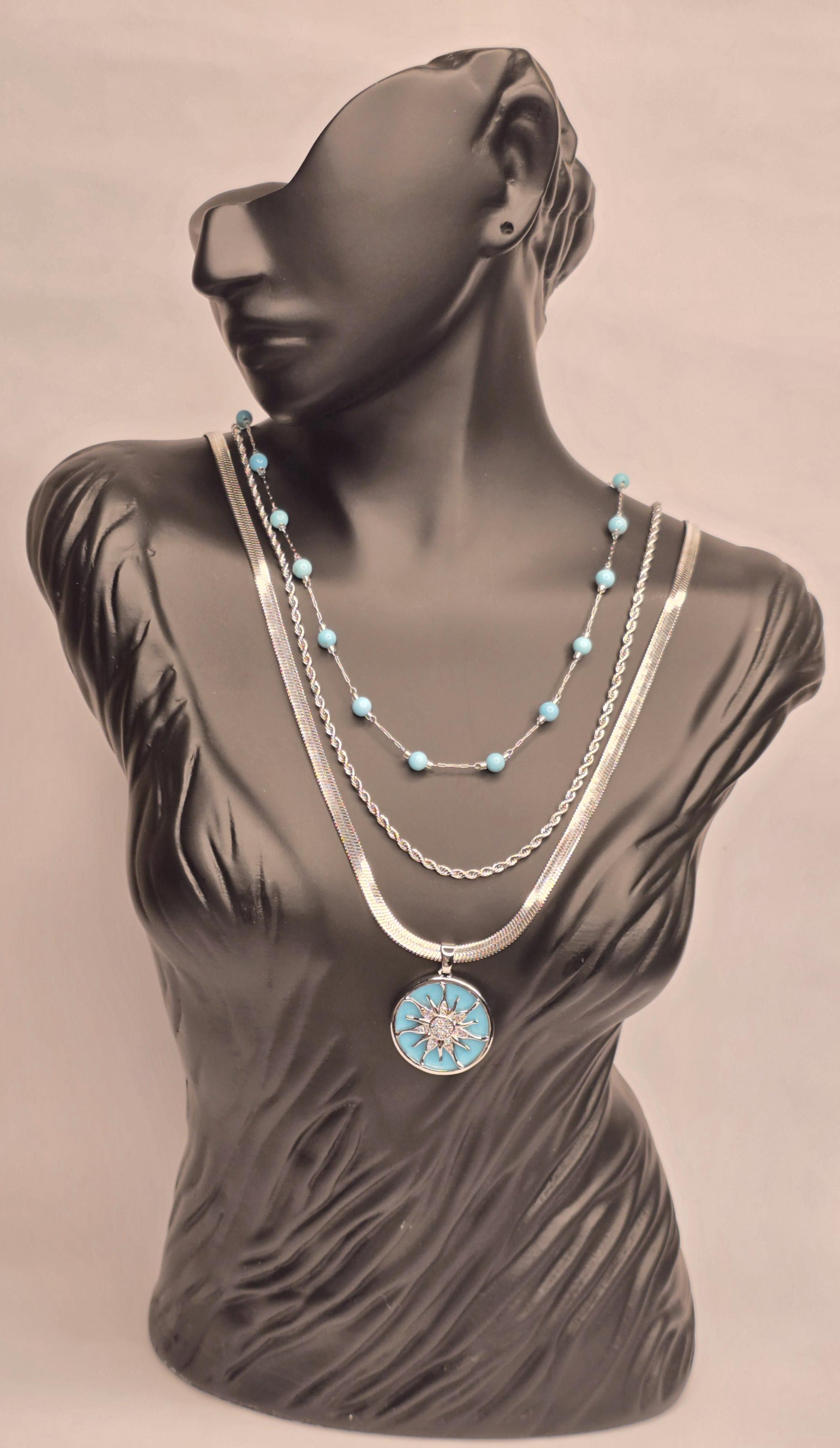 3'lü Zincir Kombini ve Balık Sırtı Zincirli Şık Güneş Kolye